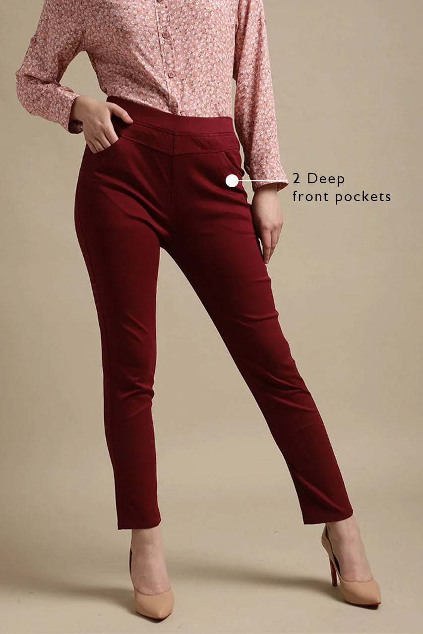 Women Maroon Mid-Rise Ankle Length Stretchable Jegging