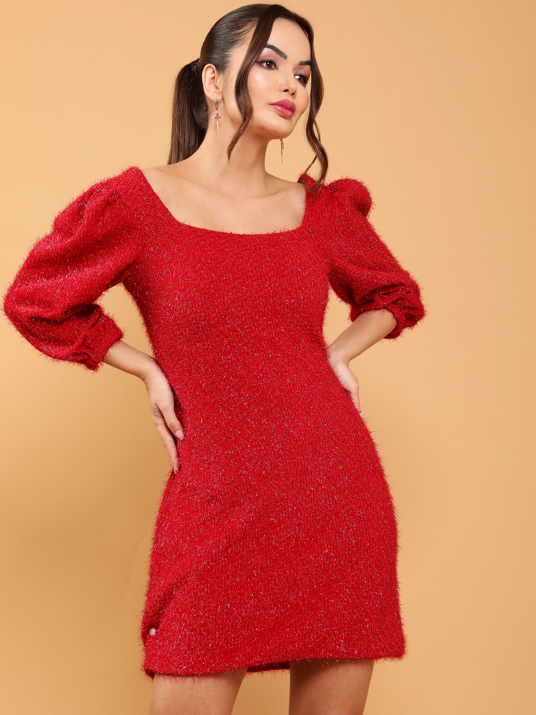 women red shimmery sheath party dress