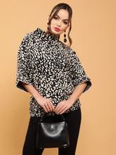 Women Black Leopard Print High Neck Loose Fit Double Jersey Pullover