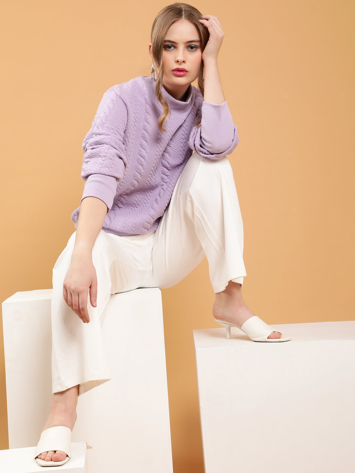 Women Lilac Self Textured Regular Fit Fleece Sweatshirt