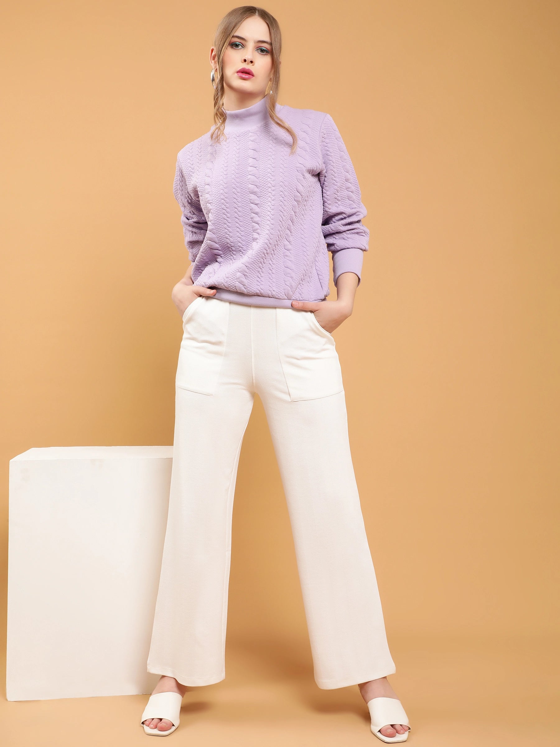 Women Lilac Self Textured Regular Fit Fleece Sweatshirt