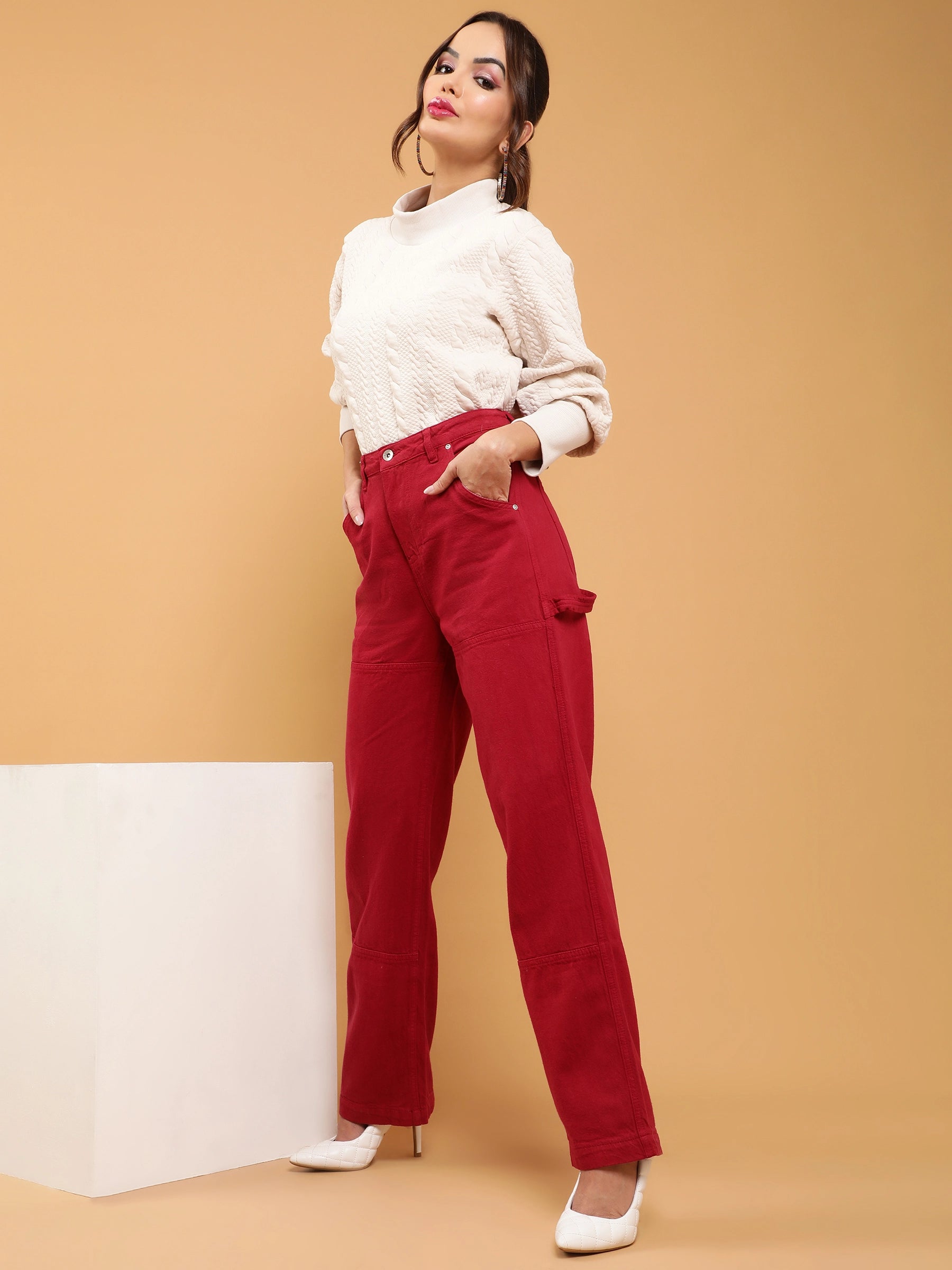 women red pocket loop belt straight leg mid rise jeans