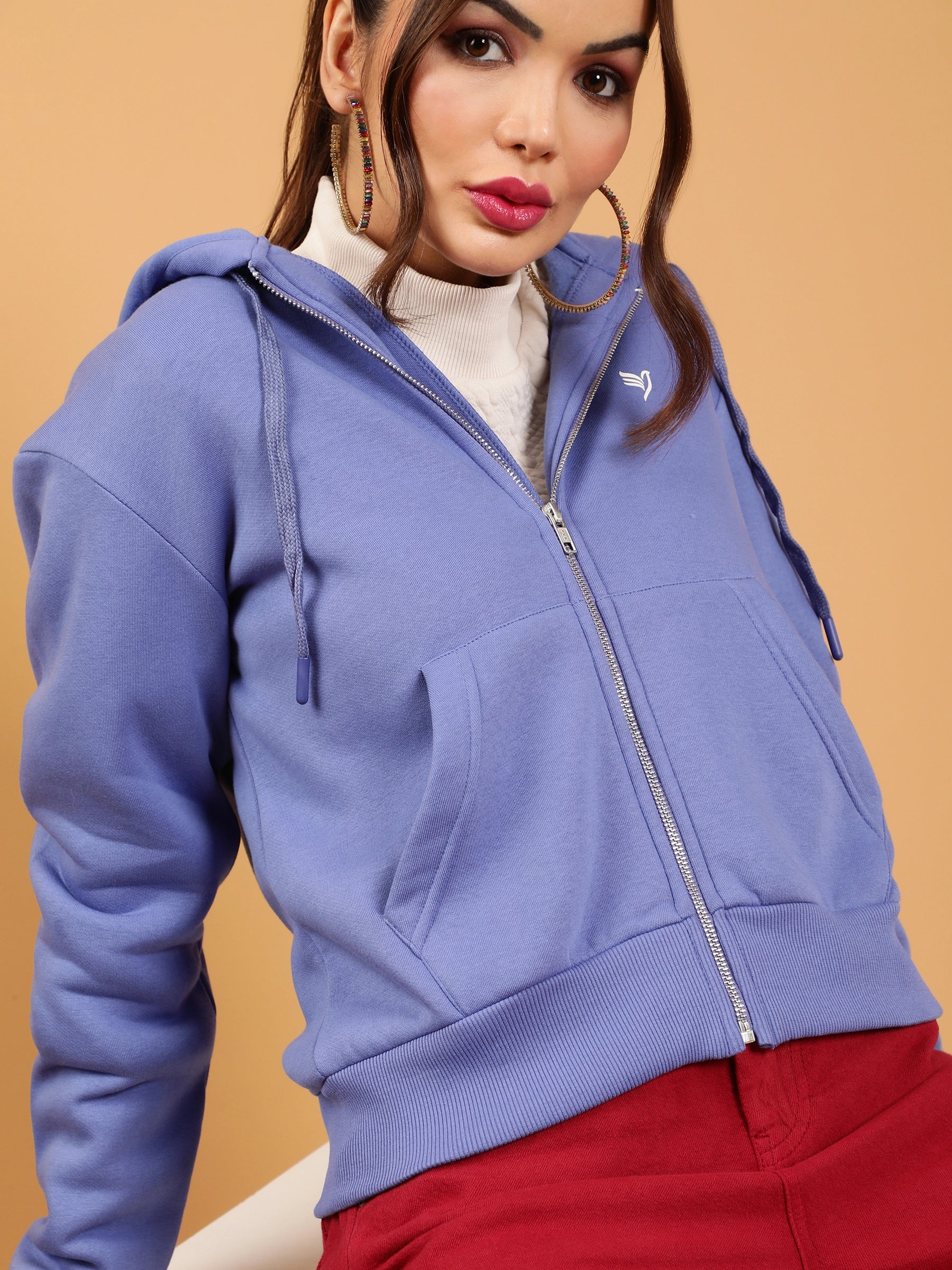 Women Purple Kangaroo Pocket Relaxed Fit Fleece Hooded Zipper Sweatshirt