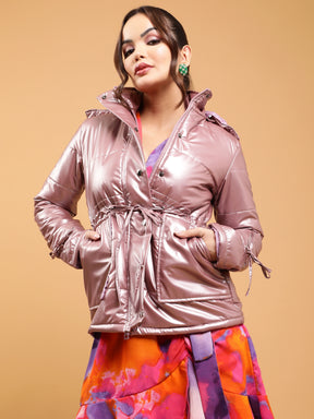 Women Coral Detachable Hood Metallic Puffer Jacket