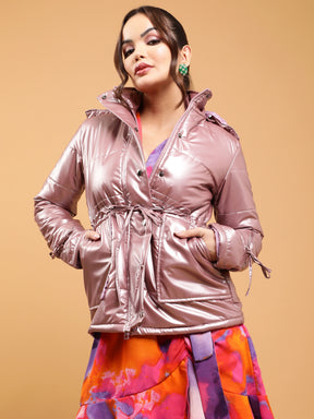 Women Coral Detactchable Hood Metallic Puffer Jacket