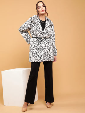 Women White Relaxed Fit Furry Snow Leopard Print Coat
