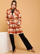 Women Orange Relaxed Fit Checkered Single Breasted Coat