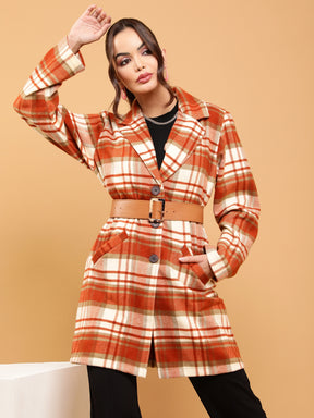 Women Orange Relaxed Fit Checkered Single Breasted Coat