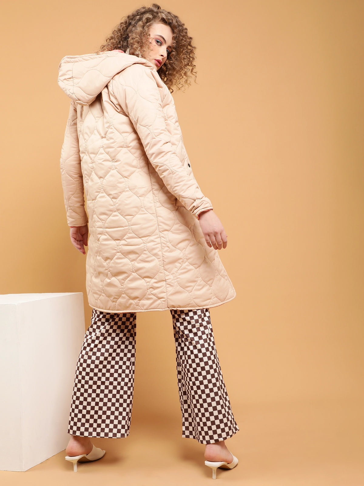 Women Beige Hooded Wavy Puffer Long Jacket