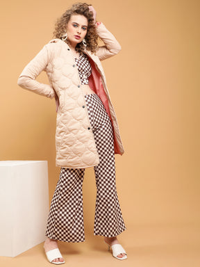 Women Beige Hooded Wavy Puffer Long Jacket