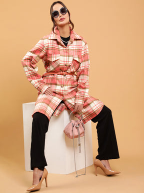 Women Coral Checkered Flannel Knee Length Shacket