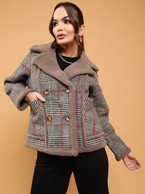 Women Brown Glen Check Straight Fit Double Breasted Jacket