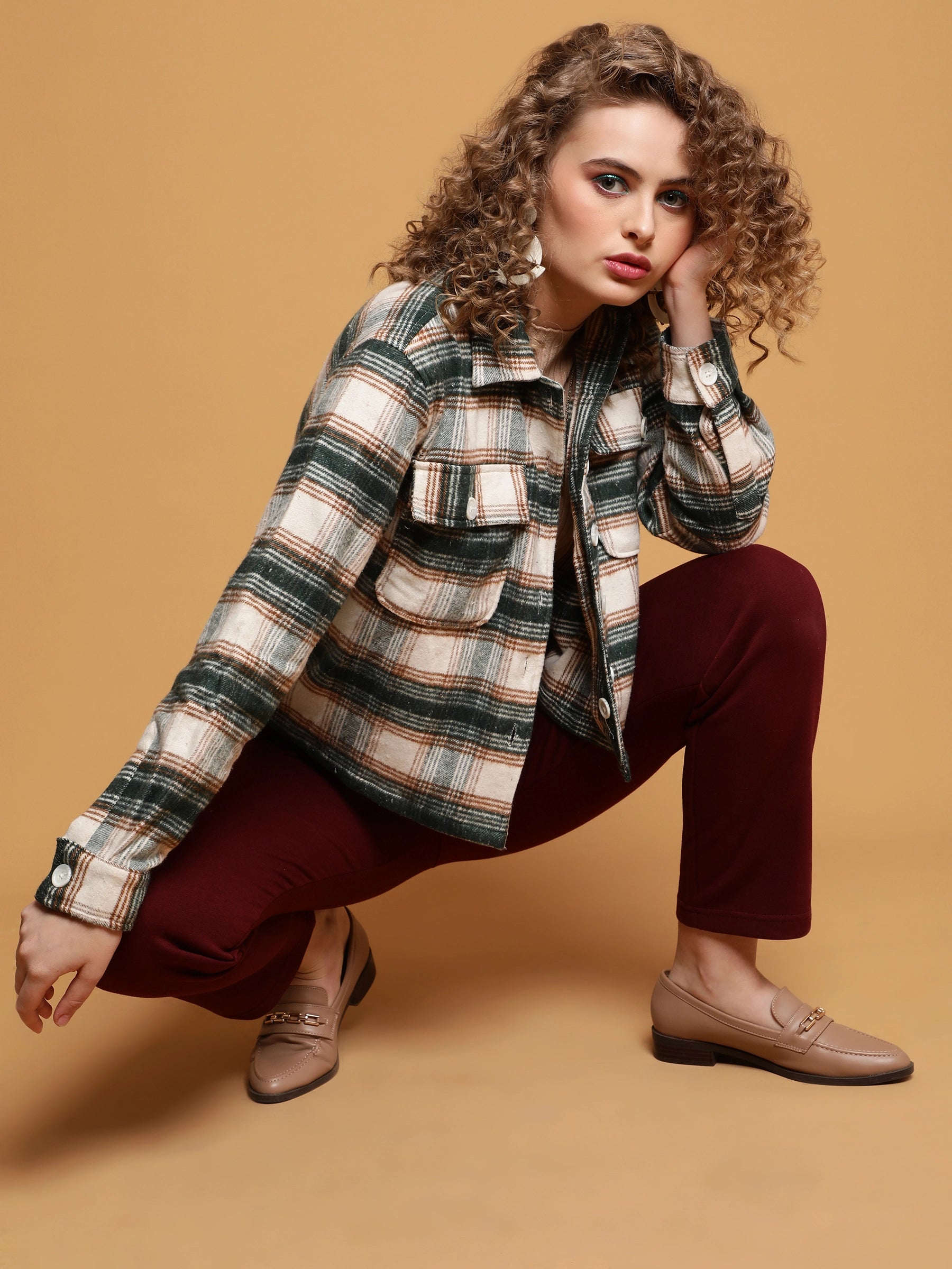 Women Green Checkered Crop Plaid Loose Fit Cotton Shirt - Global Republic