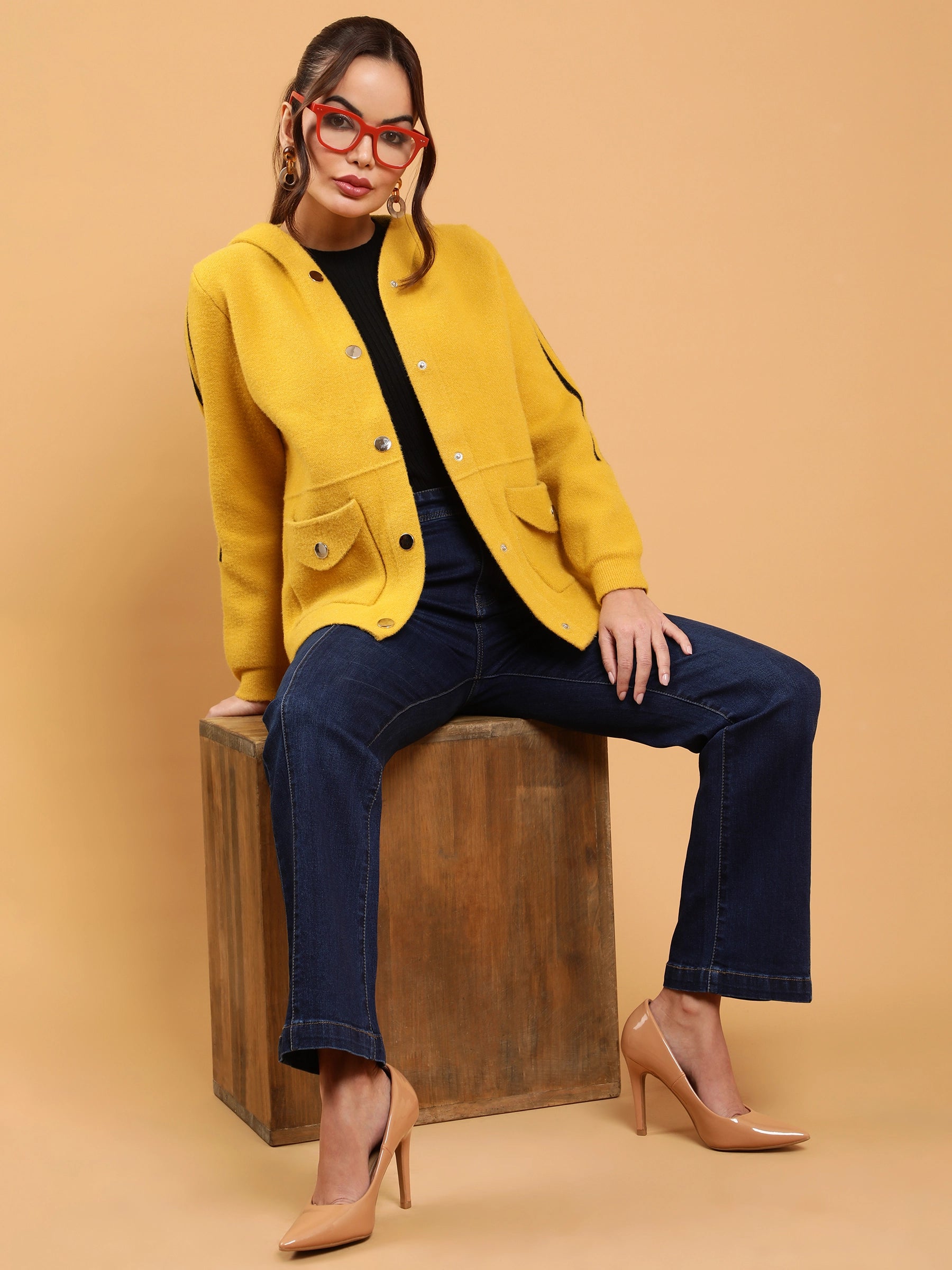 Women Mustard Regular Fit Printed Hooded Jacket - Global Republic