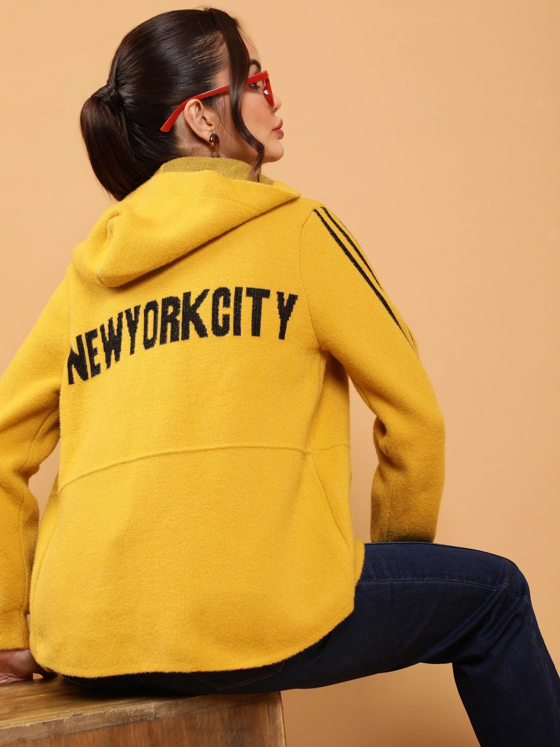 Women Mustard Regular Fit Printed Hooded Jacket - Global Republic