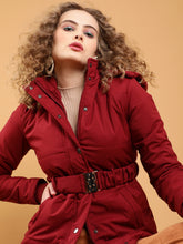 Women Red Regular Fit Detactchable Hood Puffer Jacket