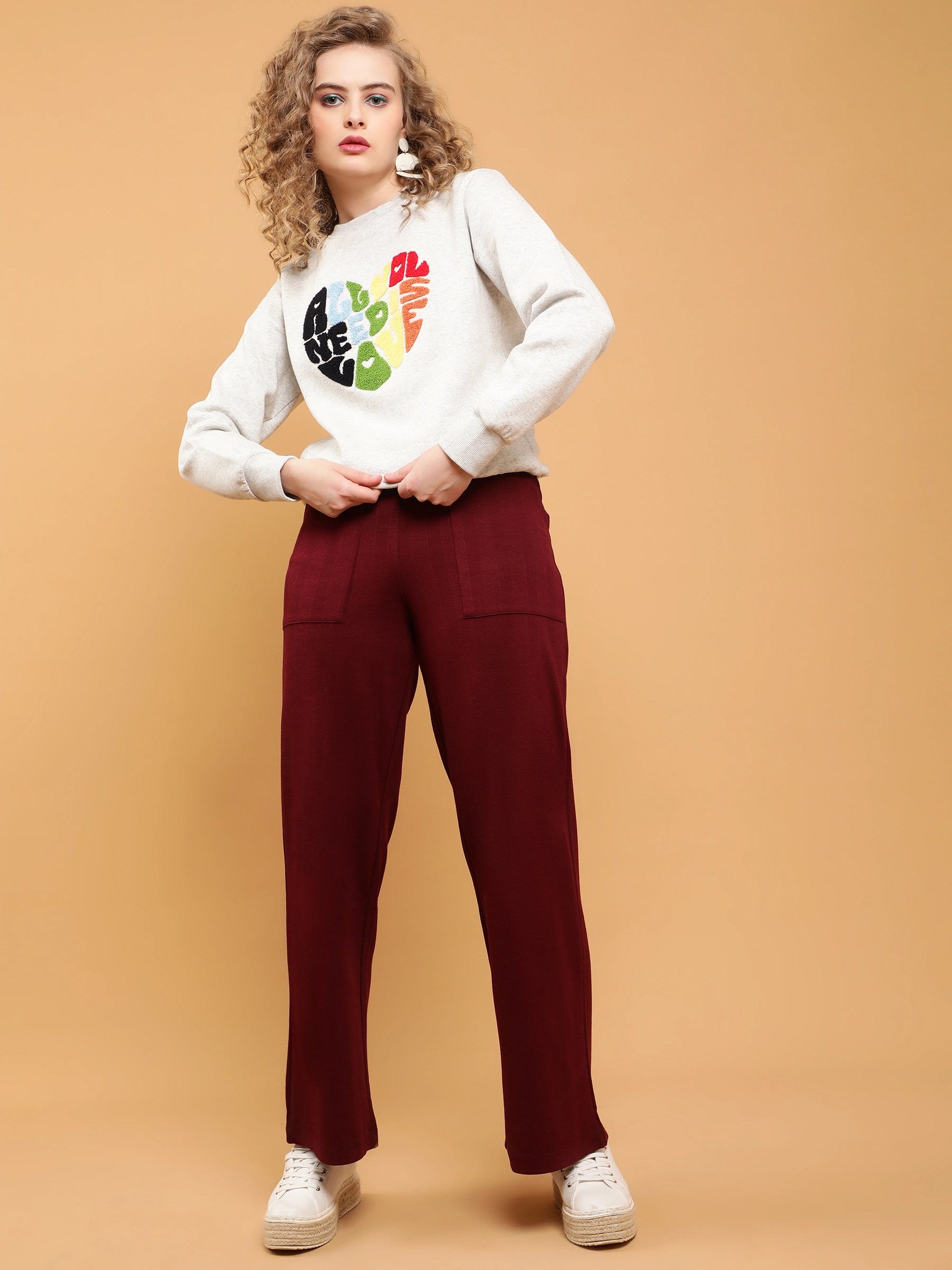 Women Ecru Typographic Heart Tufted Regular Fit Fleece Sweatshirt - Global Republic