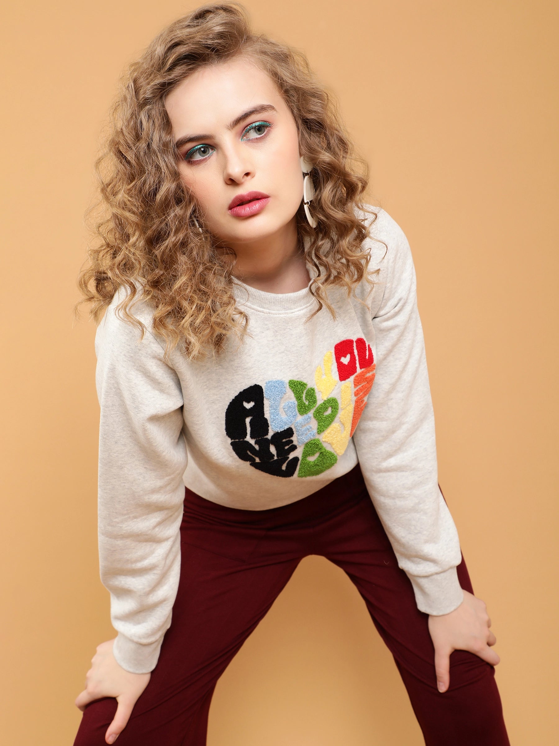 Women Ecru Typographic Heart Tufted Regular Fit Fleece Sweatshirt - Global Republic