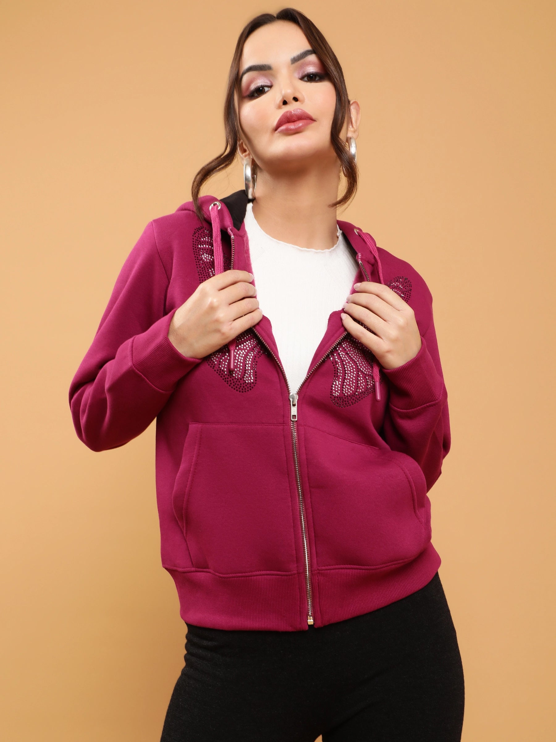 Women Plum Hooded Butterfly Printed Regular Fit Fleece Sweatshirt