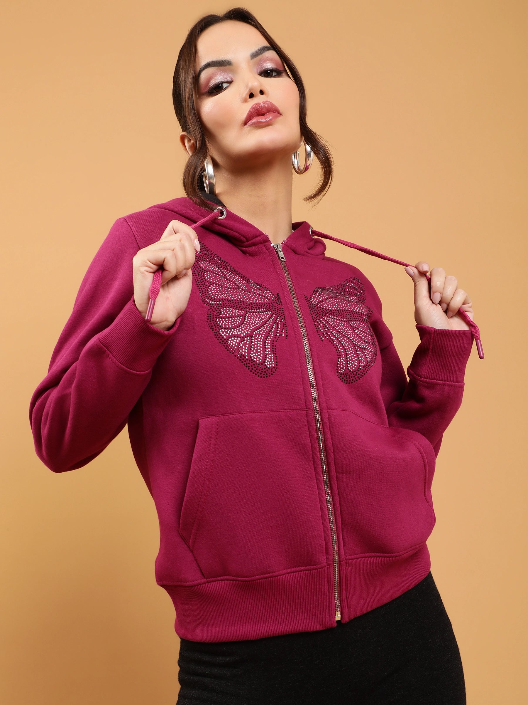 Women Plum Hooded Butterfly Printed Regular Fit Fleece Sweatshirt