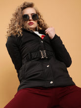 Women Black Regular Fit Detactchable Hood Puffer Jacket