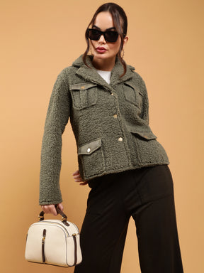 Women Olive Notch Collar Regular Fit Polar Fleece Jacket