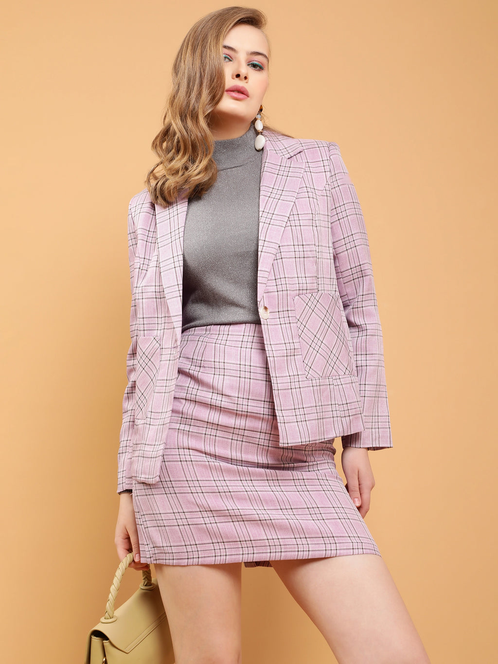 Checkered blazer and skirt set discount