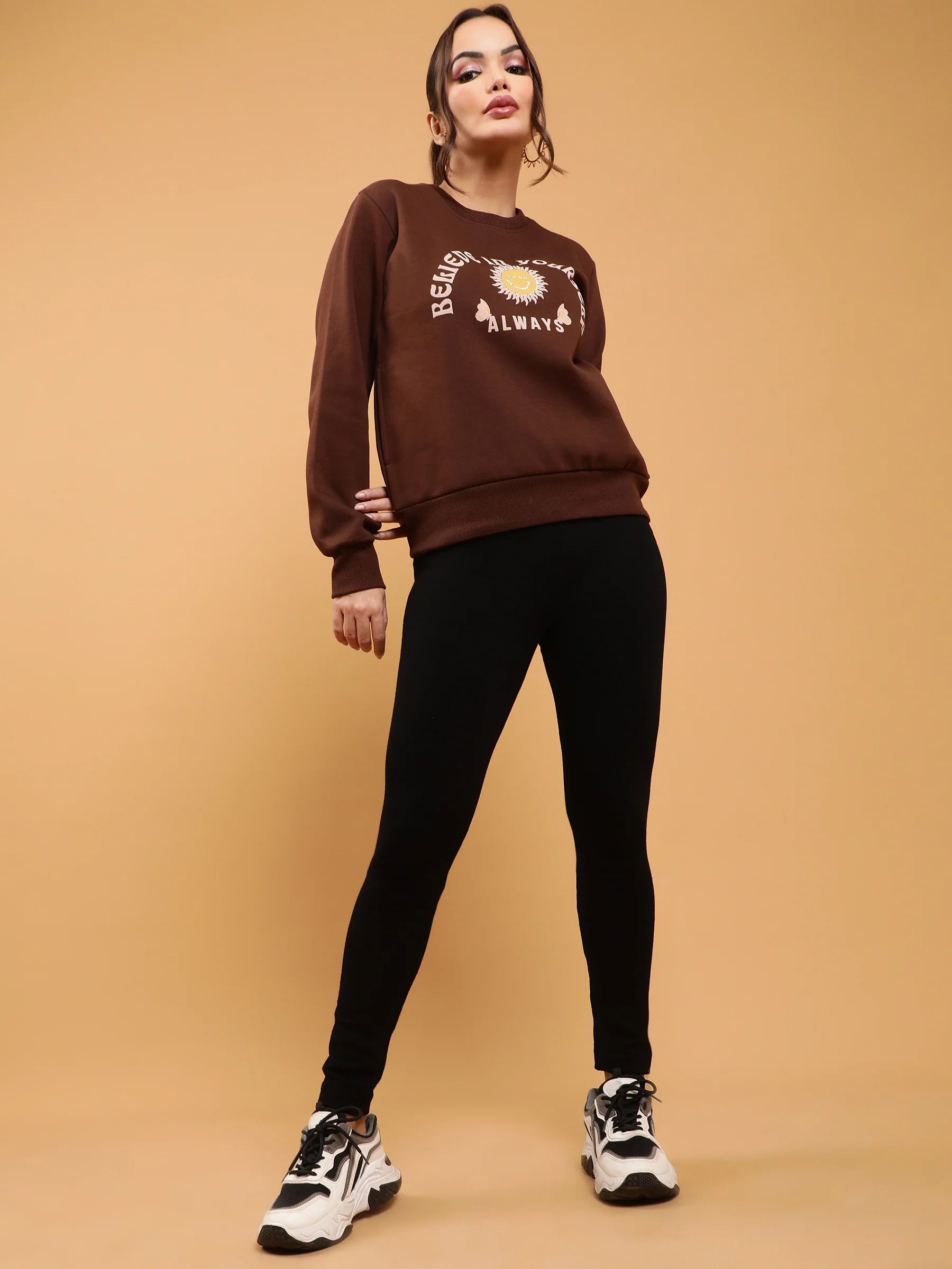 Women Brown Believe in Yourself Regular Fit Fleece Sweatshirt - Global Republic