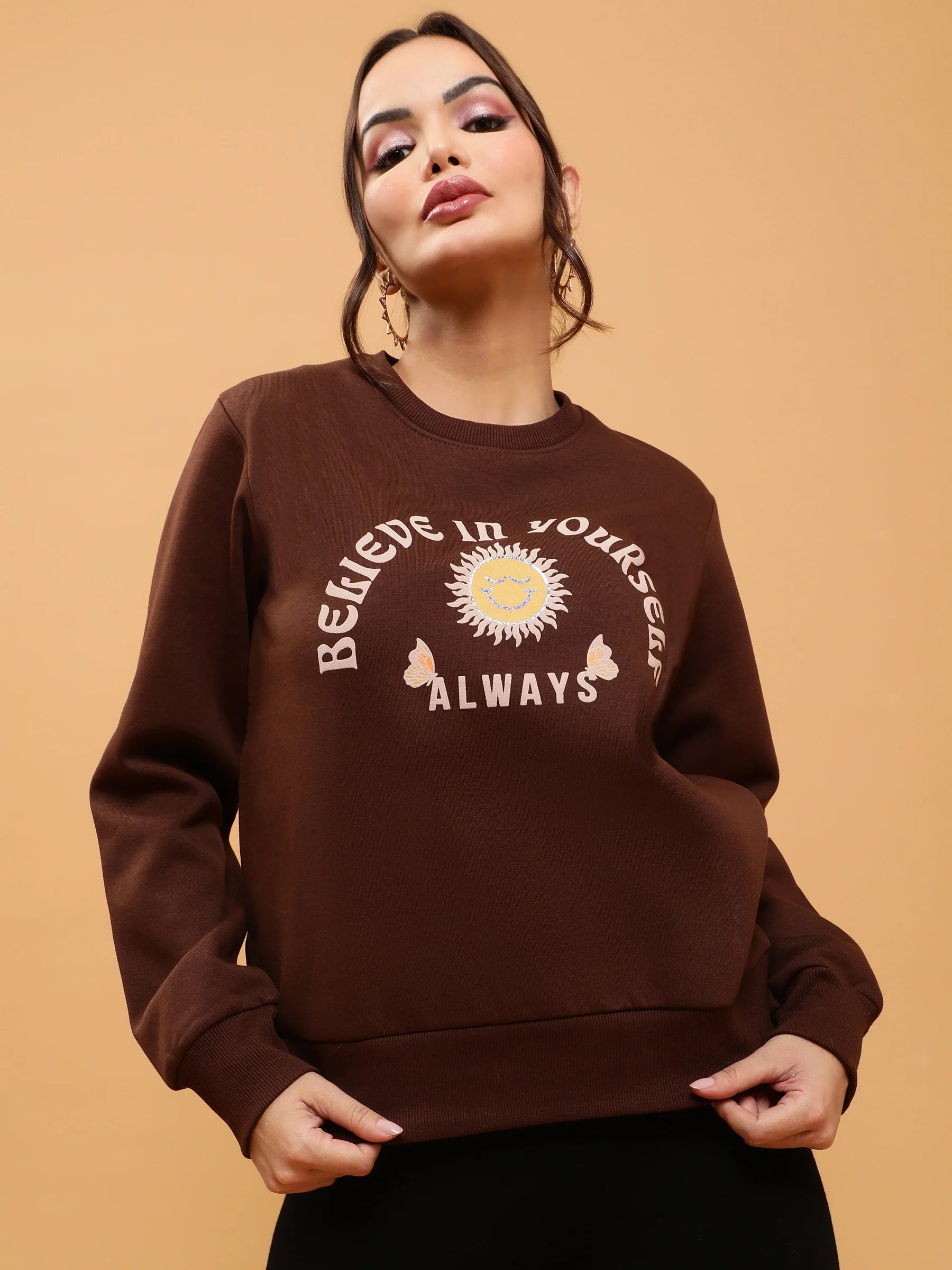 Women Brown Believe in Yourself Regular Fit Fleece Sweatshirt - Global Republic