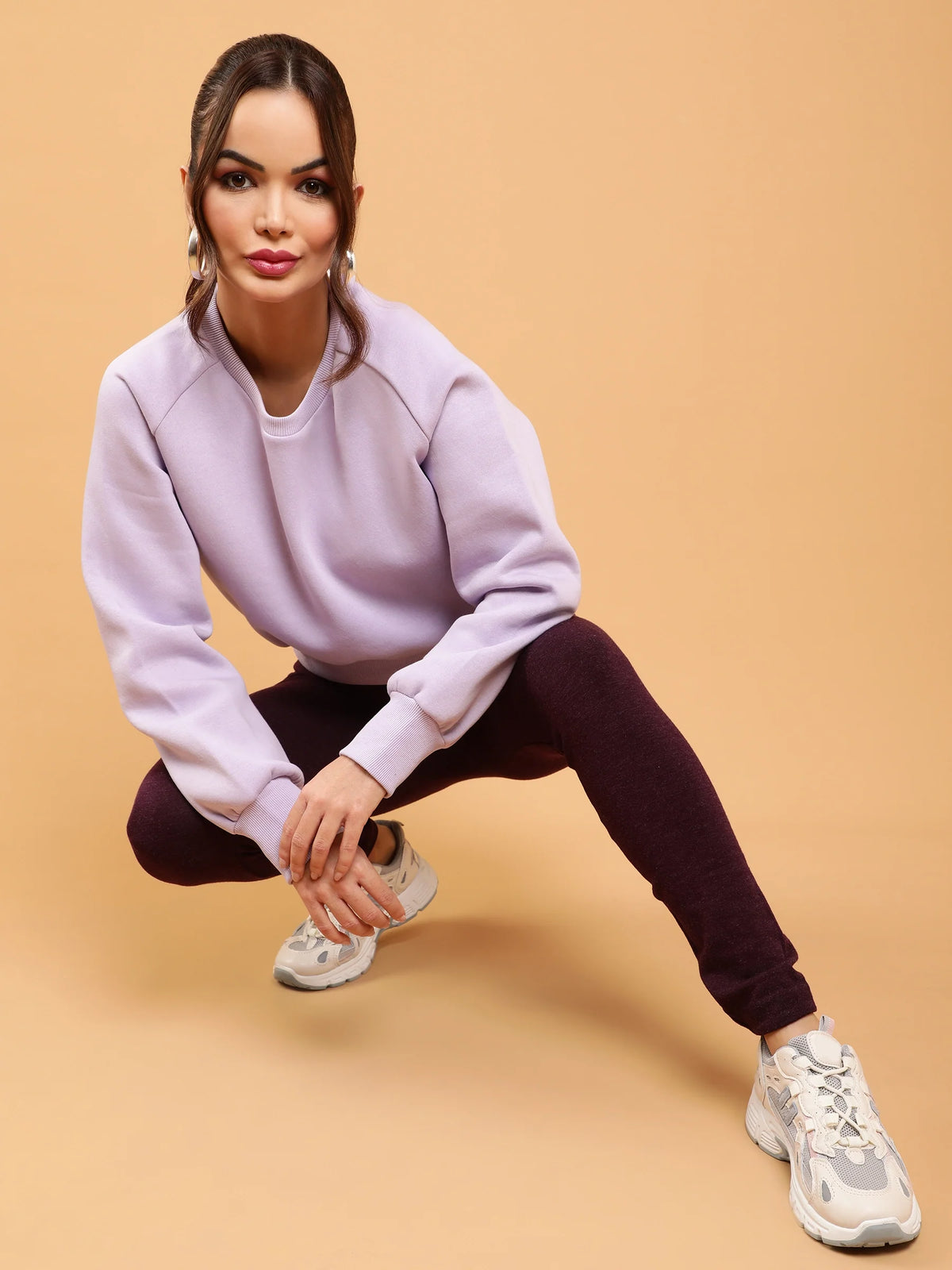 Women Lilac Raglan Sleeves Anti Fit Fleece Sweatshirt