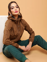 Women Brown Street Style Hooded Crop Jacket