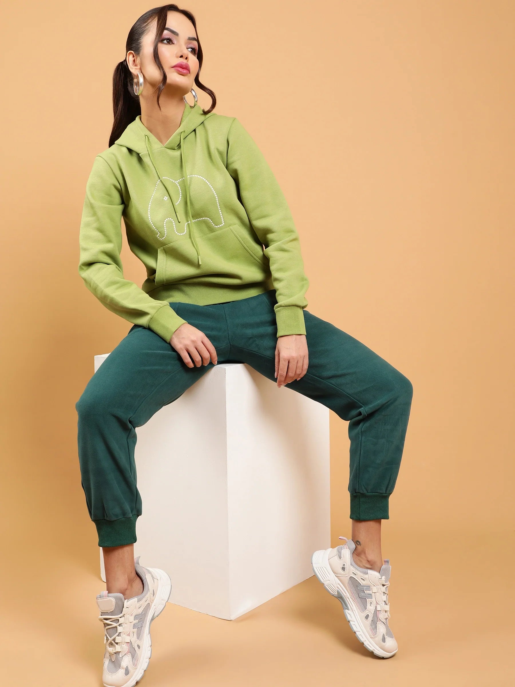 Women Green Kangaroo Pocket Elephant Loose Fit Fleece Sweatshirt