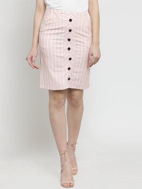 Women Striped Tan Cotton Linen Mini Skirt