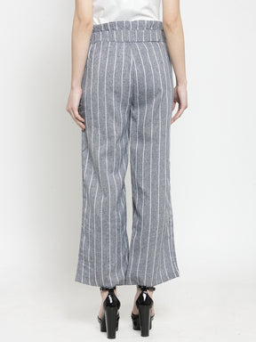 Women Cotton Linen Striped Printed Grey Lower