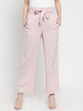 Women Cotton Linen Striped Printed Pink Lower