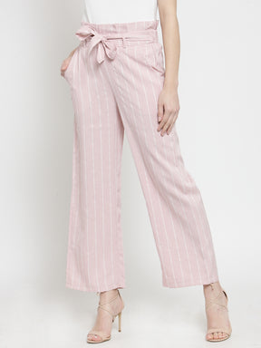Women Cotton Linen Striped Printed Pink Lower