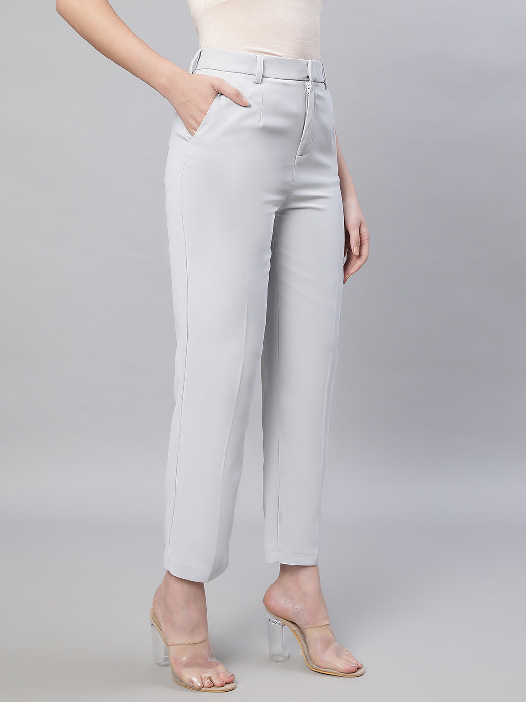 Women Grey Solid Trouser - Global Republic