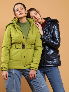 Women Green Detactchable Hood Puffer Jacket