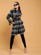 Women Black Checkered Flannel Knee Length Shacket