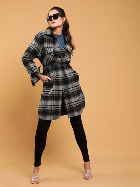 Women Black Checkered Flannel Knee Length Shacket