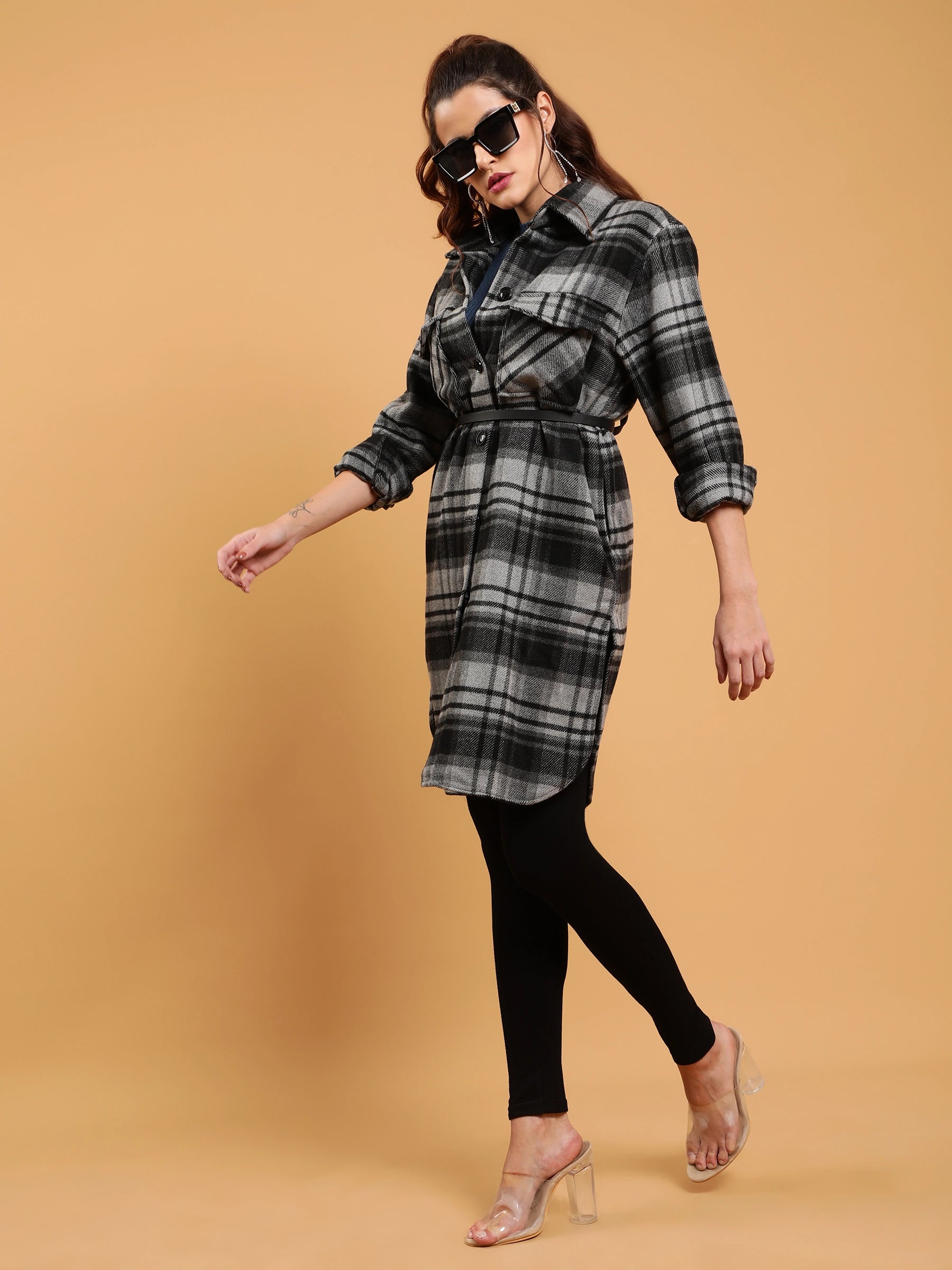 Women Black Checkered Flannel Knee Length Shacket - Global Republic