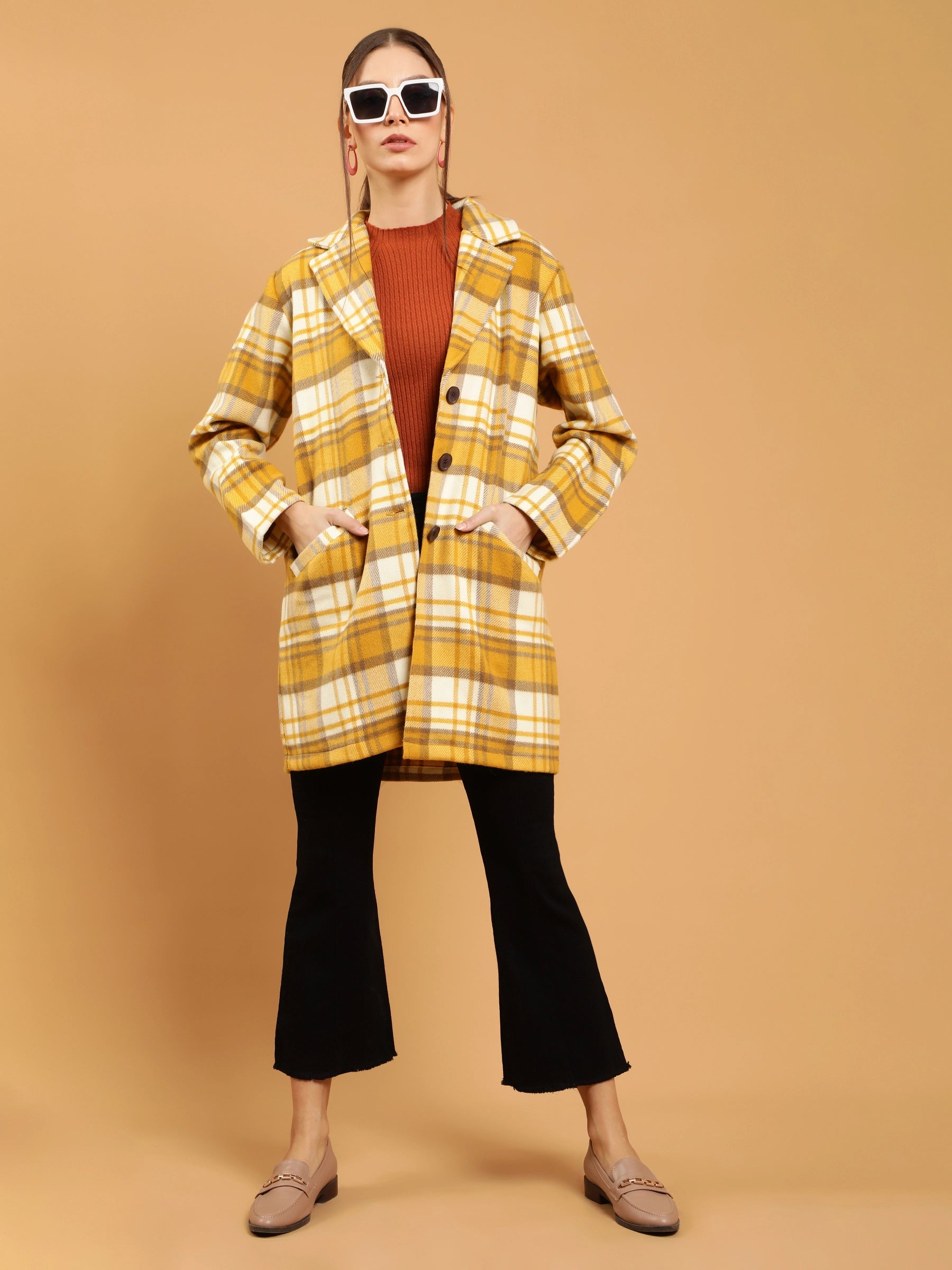 Women Mustard Relaxed Fit Checkered Single Breasted Coat