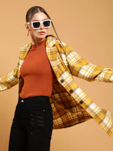 Women Mustard Relaxed Fit Checkered Single Breasted Coat