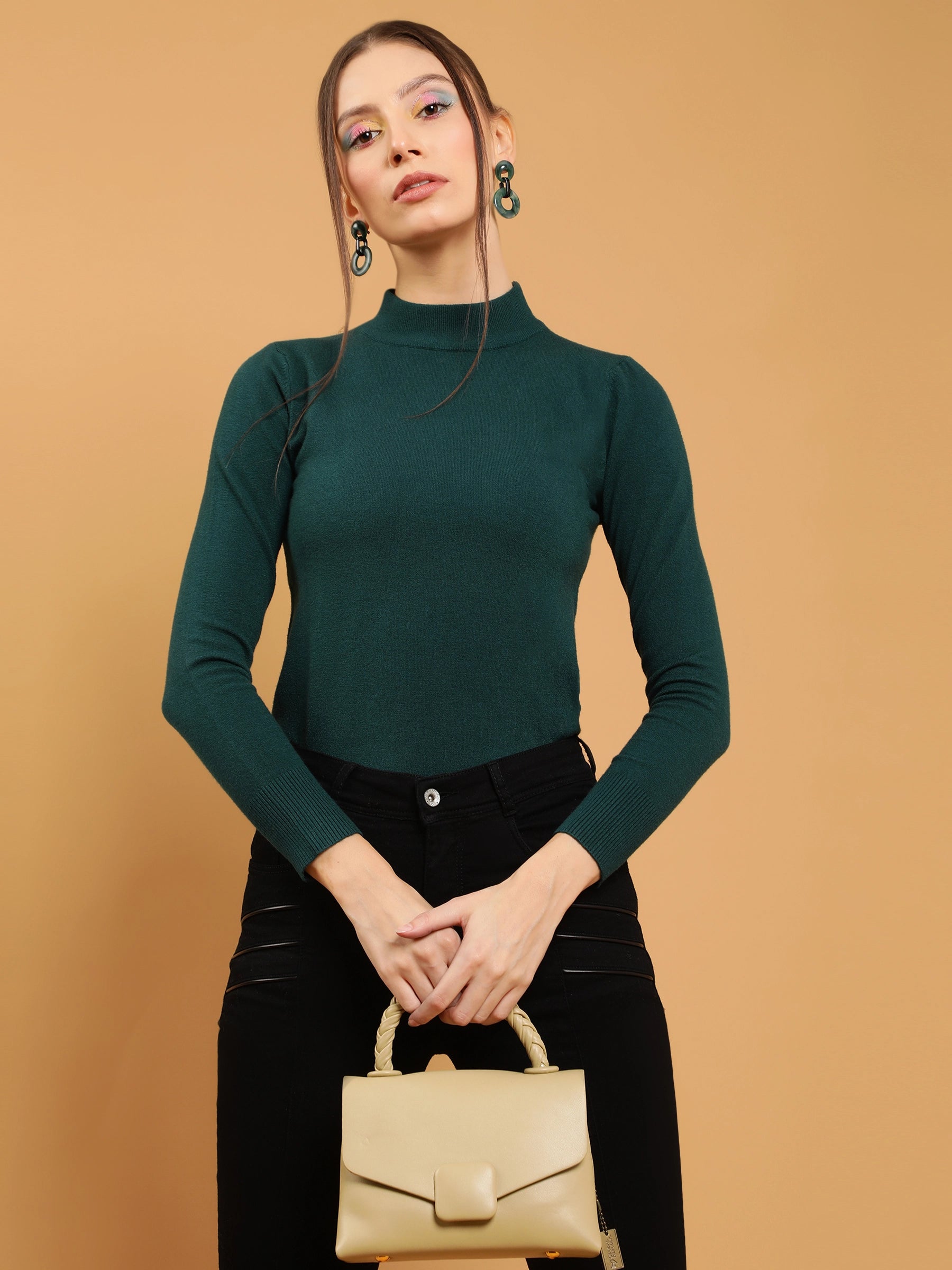 Women Dark Green High Neck Knit Solid Skeevi