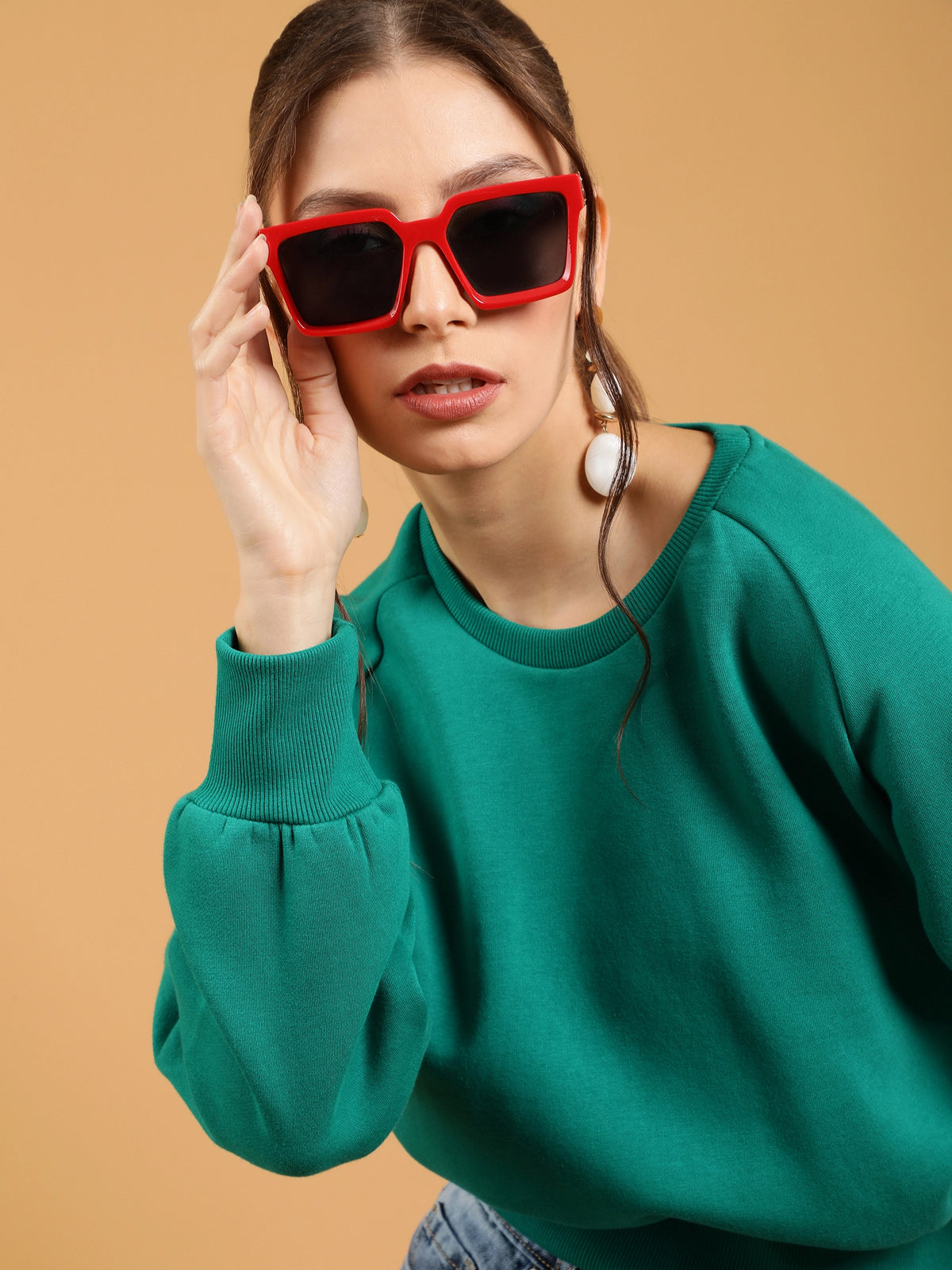 Women Green Raglan Sleeves Loose Fit Fleece Sweatshirt