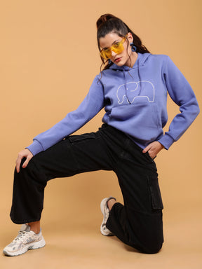 Women Purple Kangaroo Pocket Loose Fit Fleece Hooded Sweatshirt