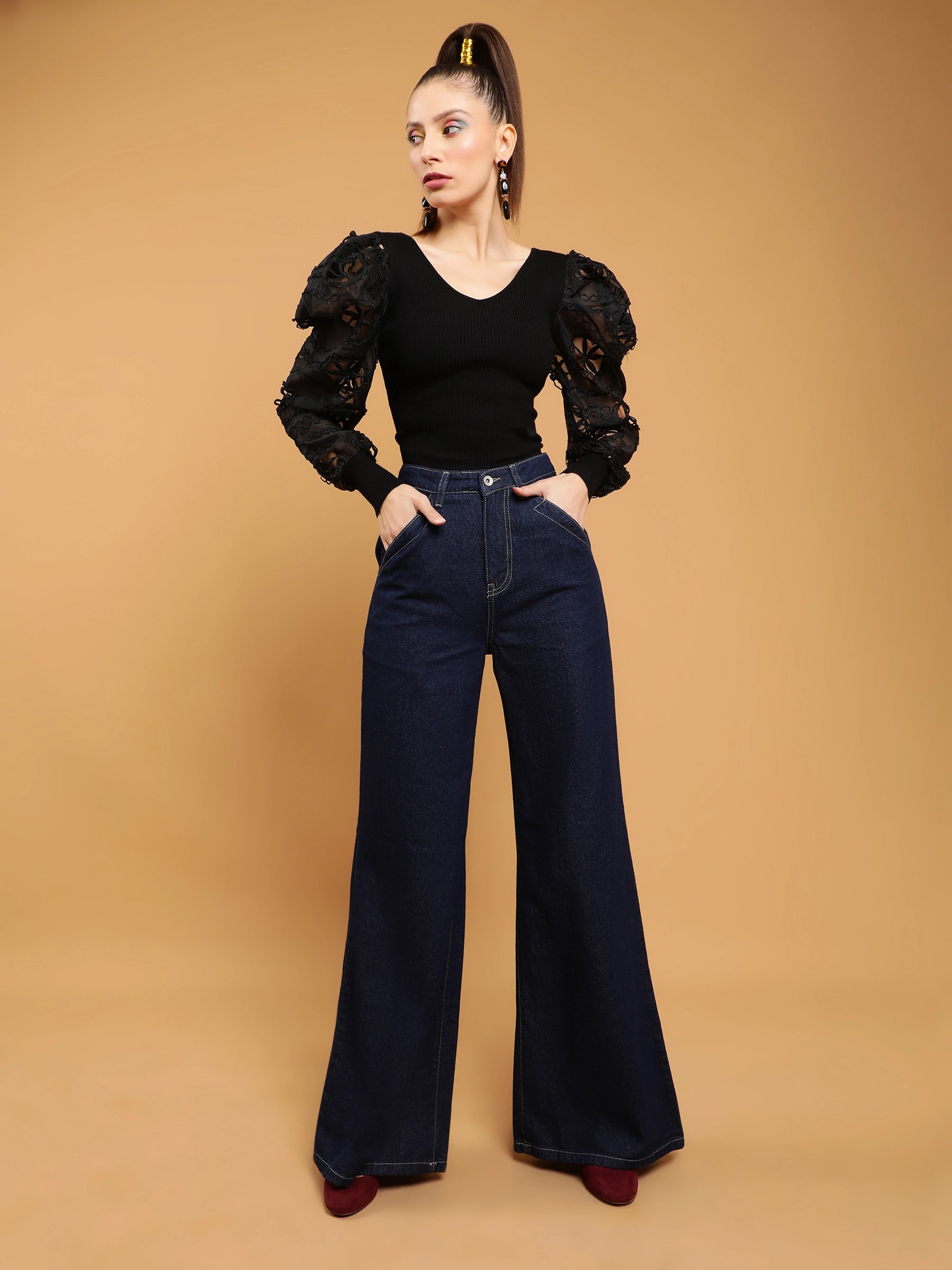 Women Dark Blue Contrast Stitch Wide Leg High Rise Jeans - Global Republic
