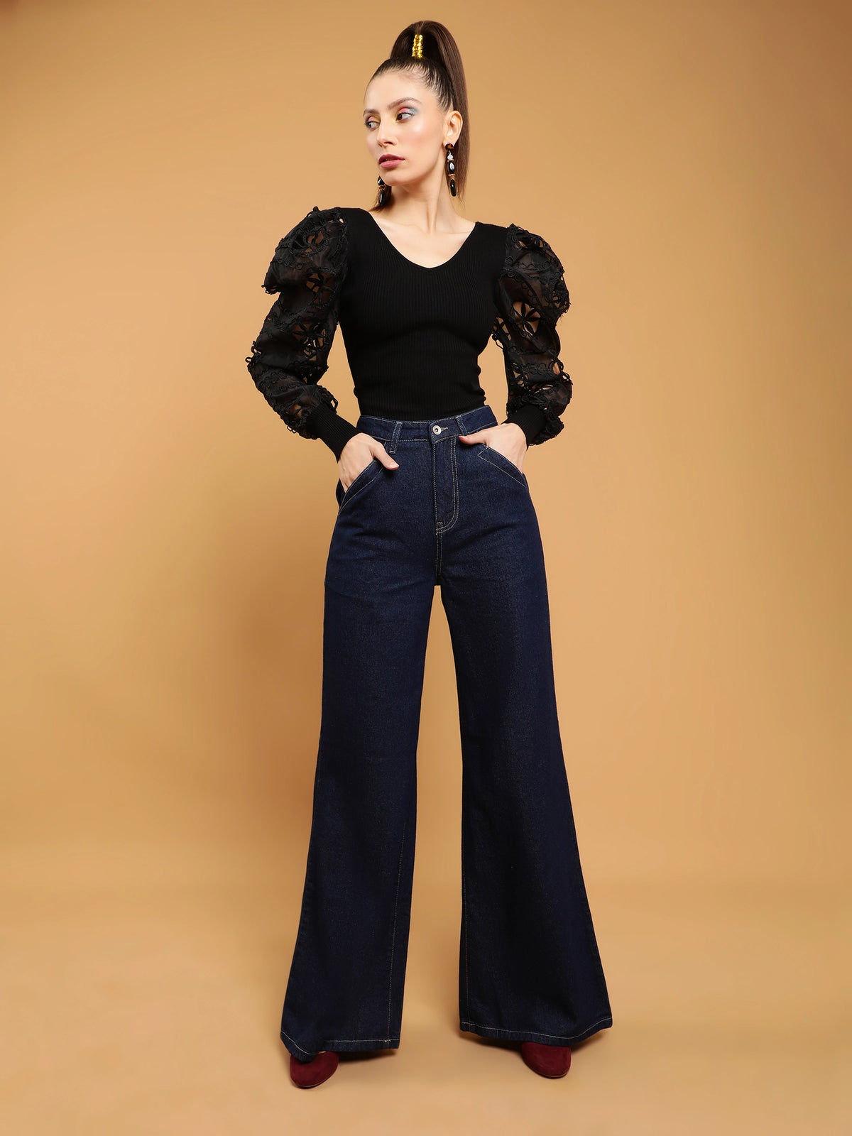 Women Dark Blue Contrast Stitch Wide Leg Mid Rise Jeans