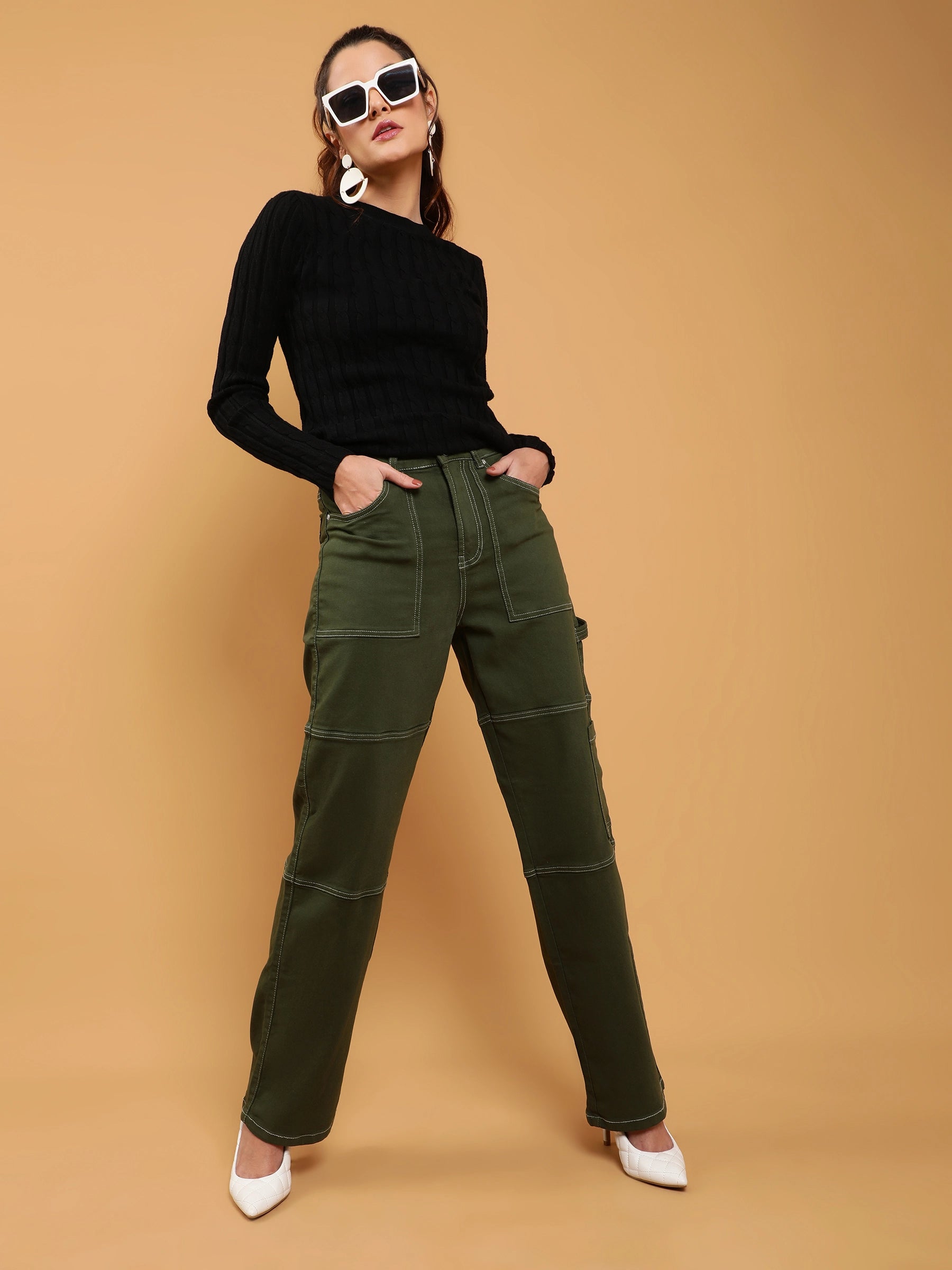Women Olive Contrast Stitch Straight Leg Mid Rise Jeans - Global Republic