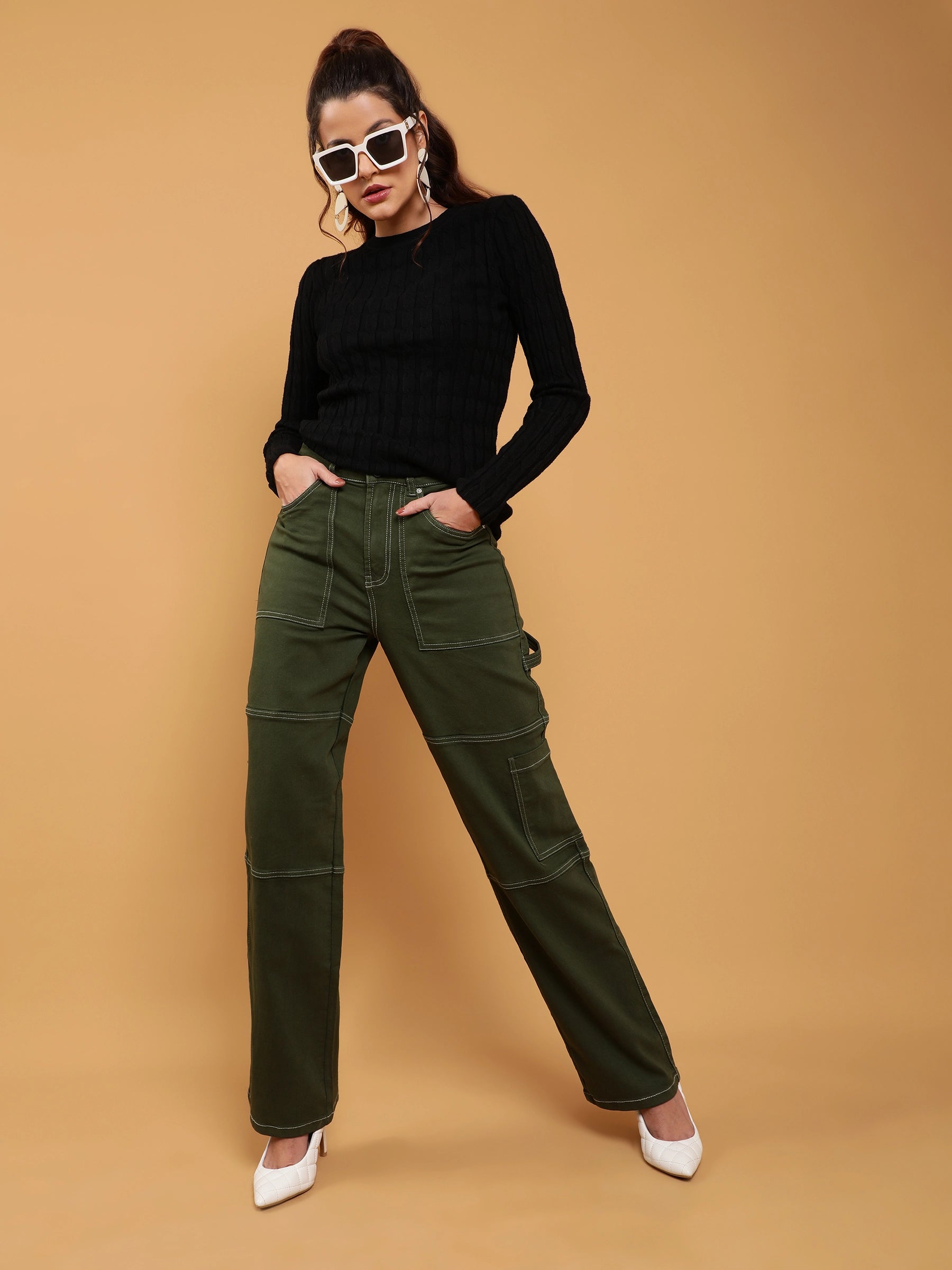 Women Olive Contrast Stitch Straight Leg Mid Rise Jeans - Global Republic